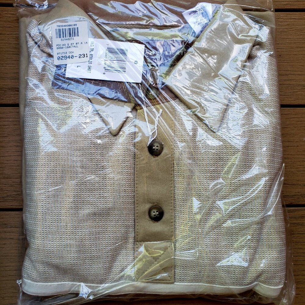 BNWT WOODLAND TRAIL Traveler polo in Taupe - Tan - Cream (L) color block